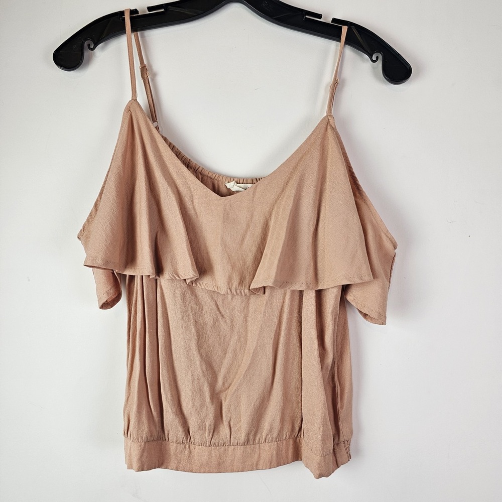 Elodie Top Womens Beige Medium Cold Shoulder Ruffle Gypsy Crop Tank Festival